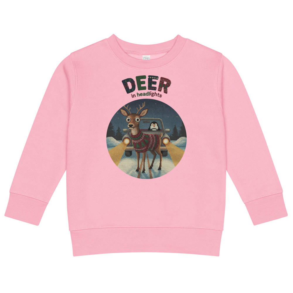 Deer in Headlights Toddler Ugly Christmas Sweater | Kids Crewneck Sweatshirt, Ages 2 to 7 Pink flat