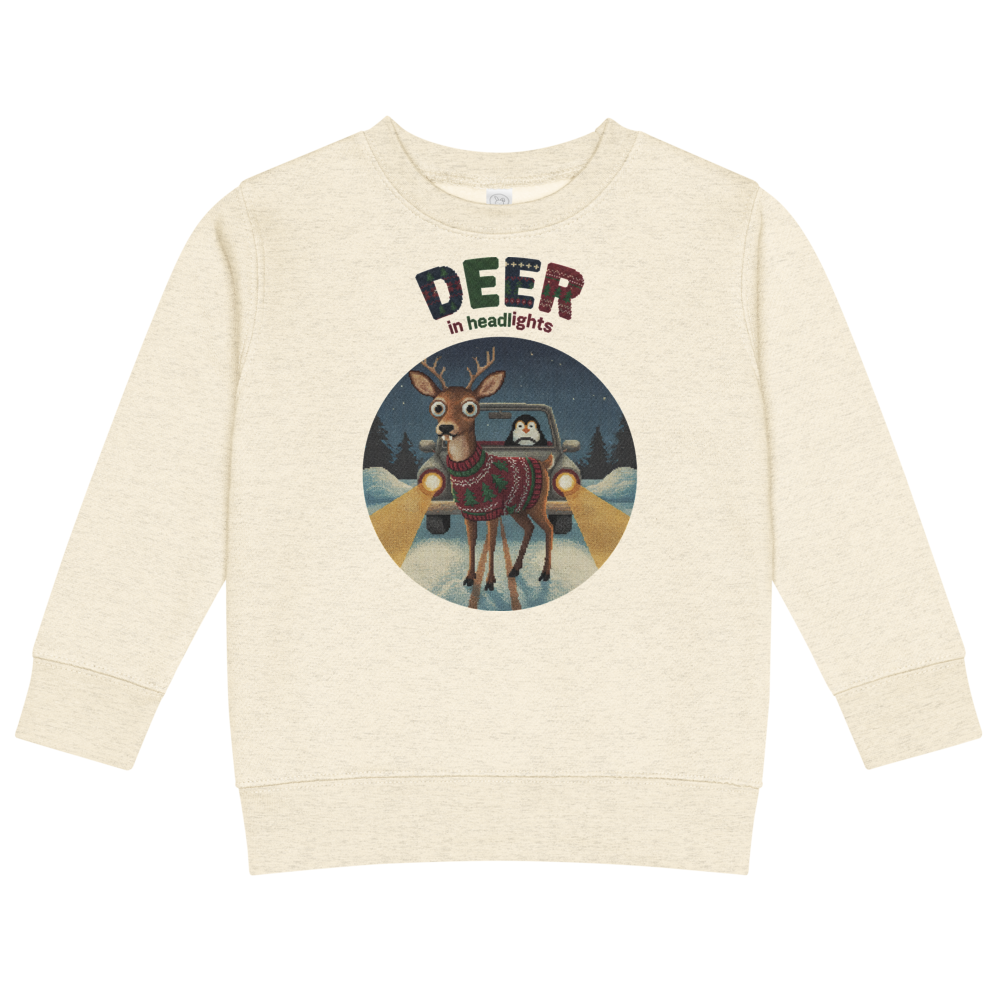 Deer in Headlights Toddler Ugly Christmas Sweater | Kids Crewneck Sweatshirt, Ages 2 to 7 Natural Heather flat