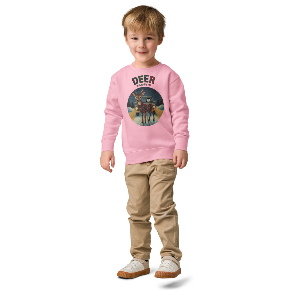 Deer in Headlights Toddler Ugly Christmas Sweater | Kids Crewneck Sweatshirt, Ages 2 to 7 Pink on-model boy