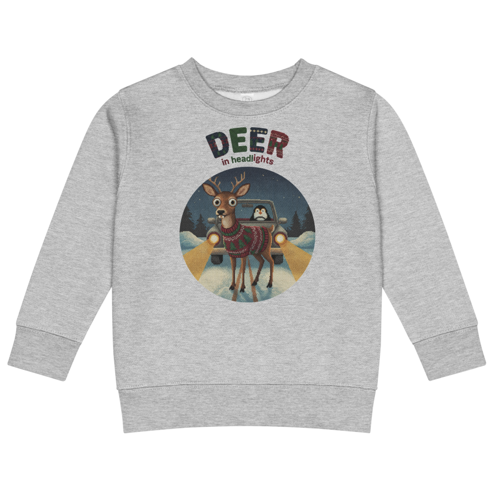 Deer in Headlights Toddler Ugly Christmas Sweater | Kids Crewneck Sweatshirt, Ages 2 to 7 Heather flat