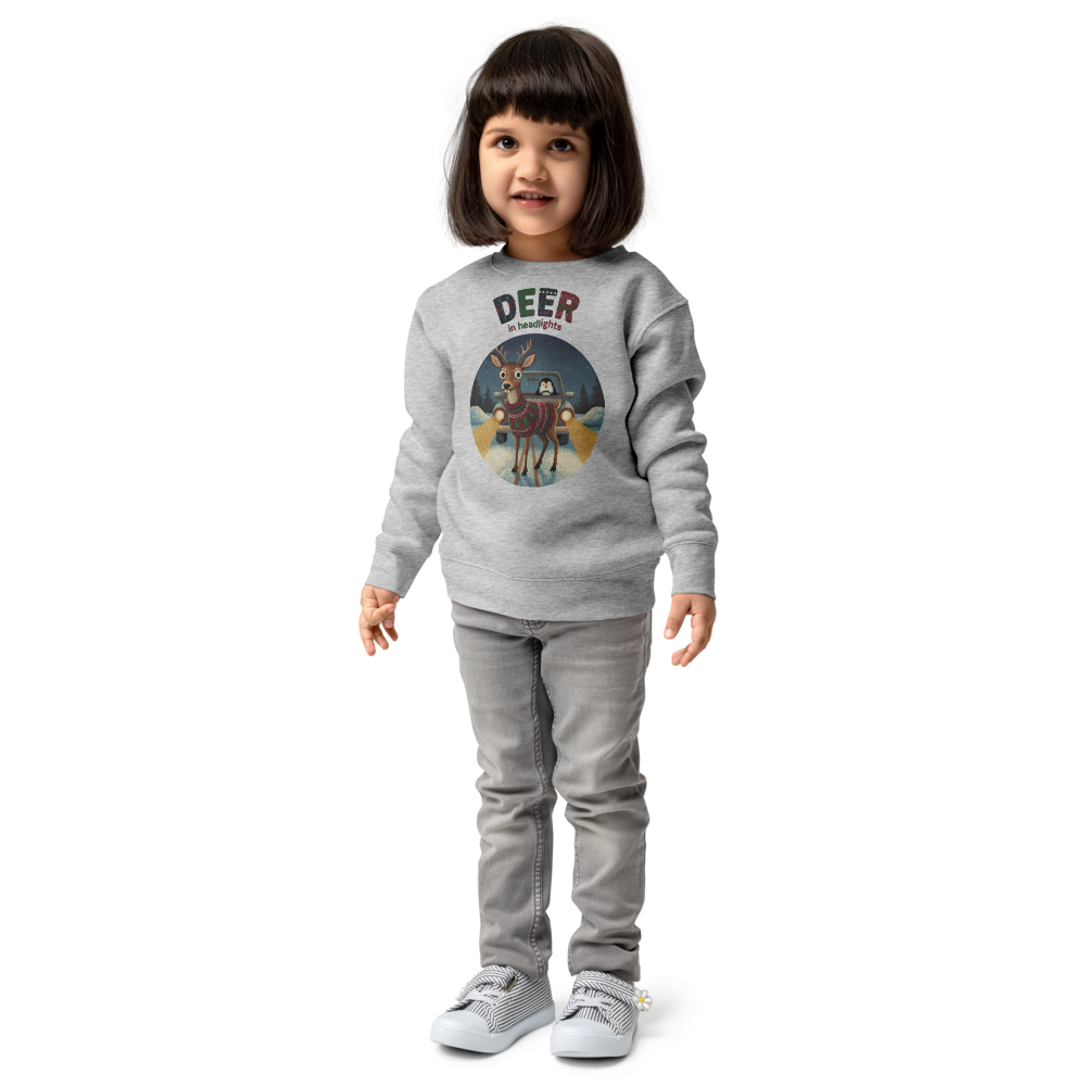Deer in Headlights Toddler Ugly Christmas Sweater | Kids Crewneck Sweatshirt, Ages 2 to 7 Heather on-model girl