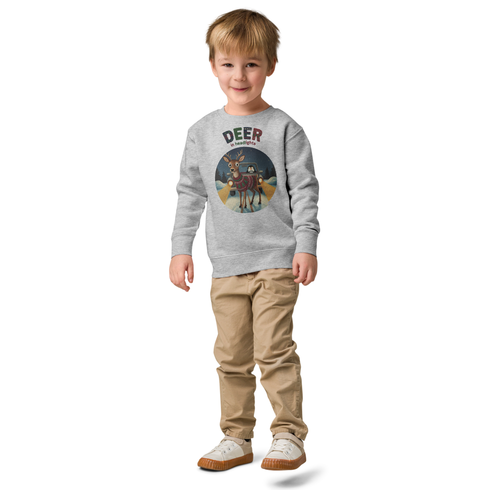 Deer in Headlights Toddler Ugly Christmas Sweater | Kids Crewneck Sweatshirt, Ages 2 to 7 Heather on-model boy