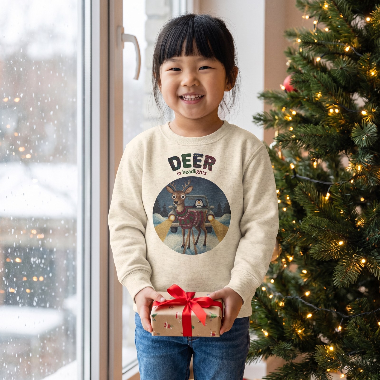 Styling photo, Deer in Headlights Toddler Ugly Christmas Sweater