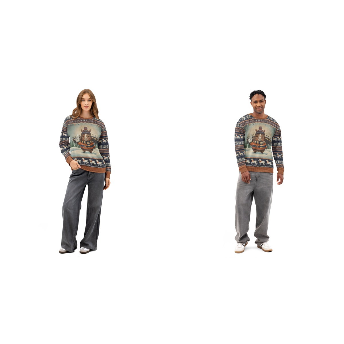 Denver Fan matching ugly Christmas sweatshirts for couples