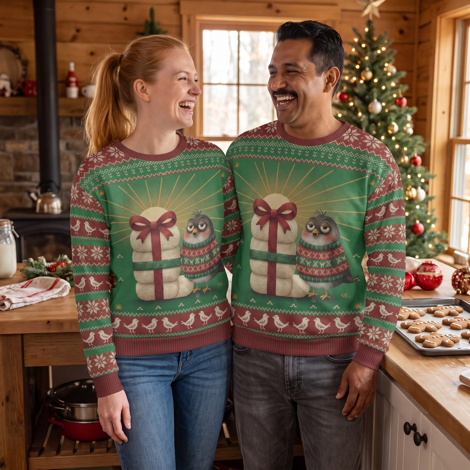 Styling photo, Early Bird Matching Ugly Christmas Sweaters for Couples