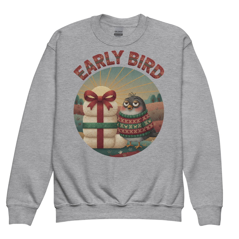 Early Bird Kids Ugly Christmas Sweater | Youth Crewneck Sweatshirt Sport Grey flat