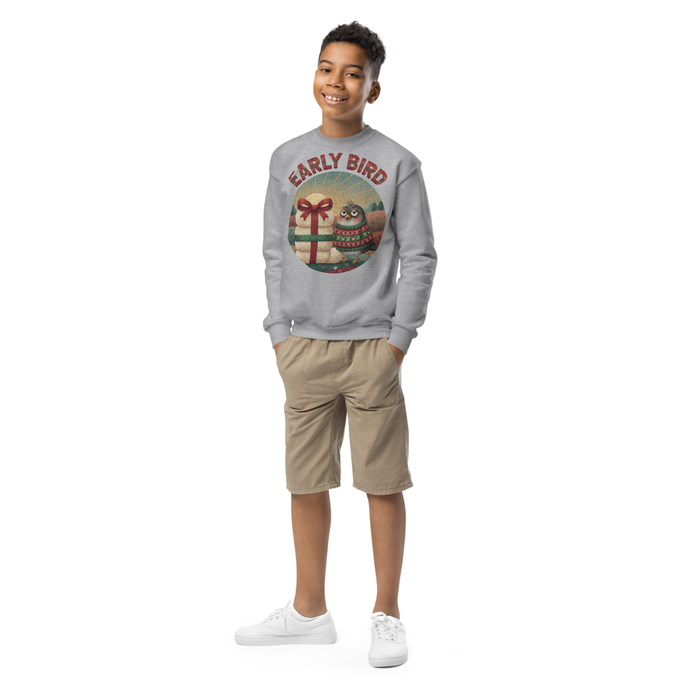 Early Bird Kids Ugly Christmas Sweater | Youth Crewneck Sweatshirt Sport Grey on-model boy