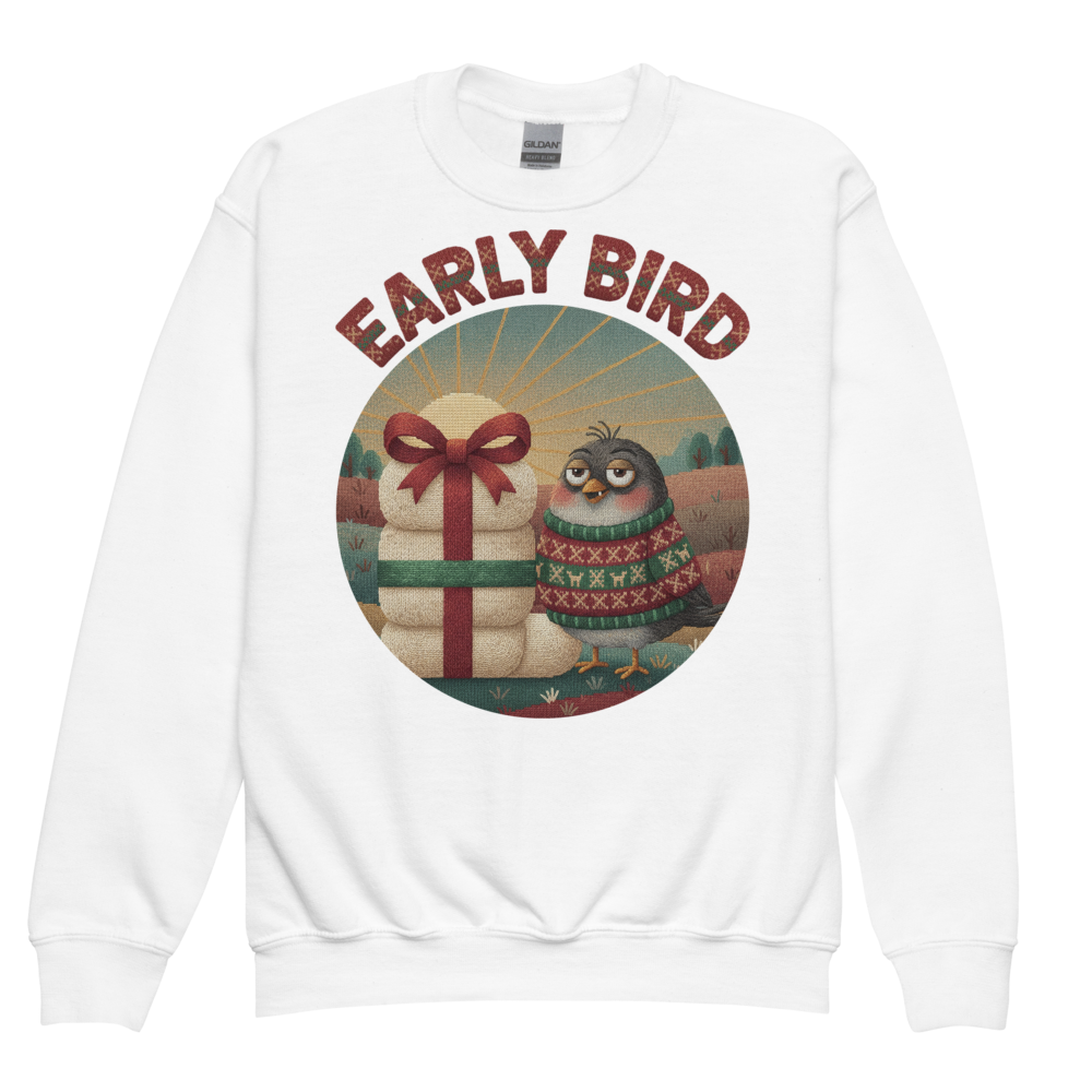 Early Bird Kids Ugly Christmas Sweater | Youth Crewneck Sweatshirt White flat