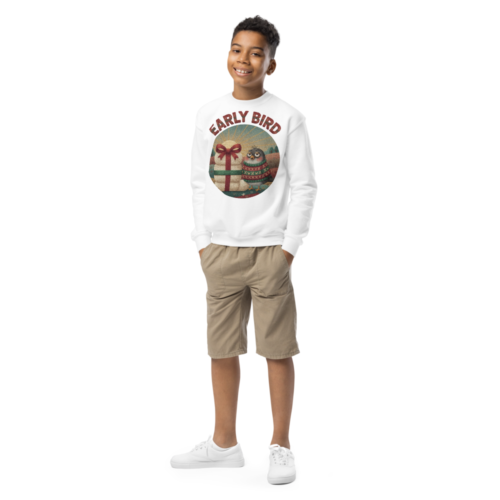 Early Bird Kids Ugly Christmas Sweater | Youth Crewneck Sweatshirt White on-model boy