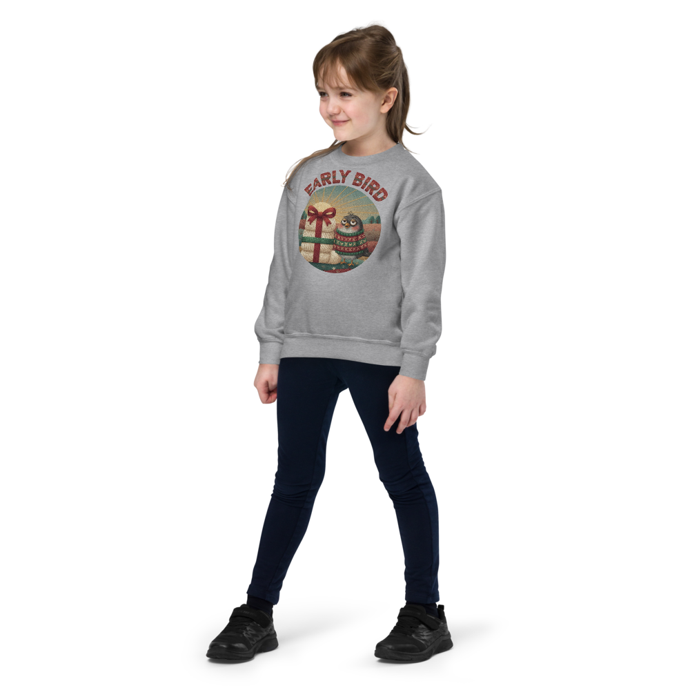 Early Bird Kids Ugly Christmas Sweater | Youth Crewneck Sweatshirt Sport Grey on-model girl