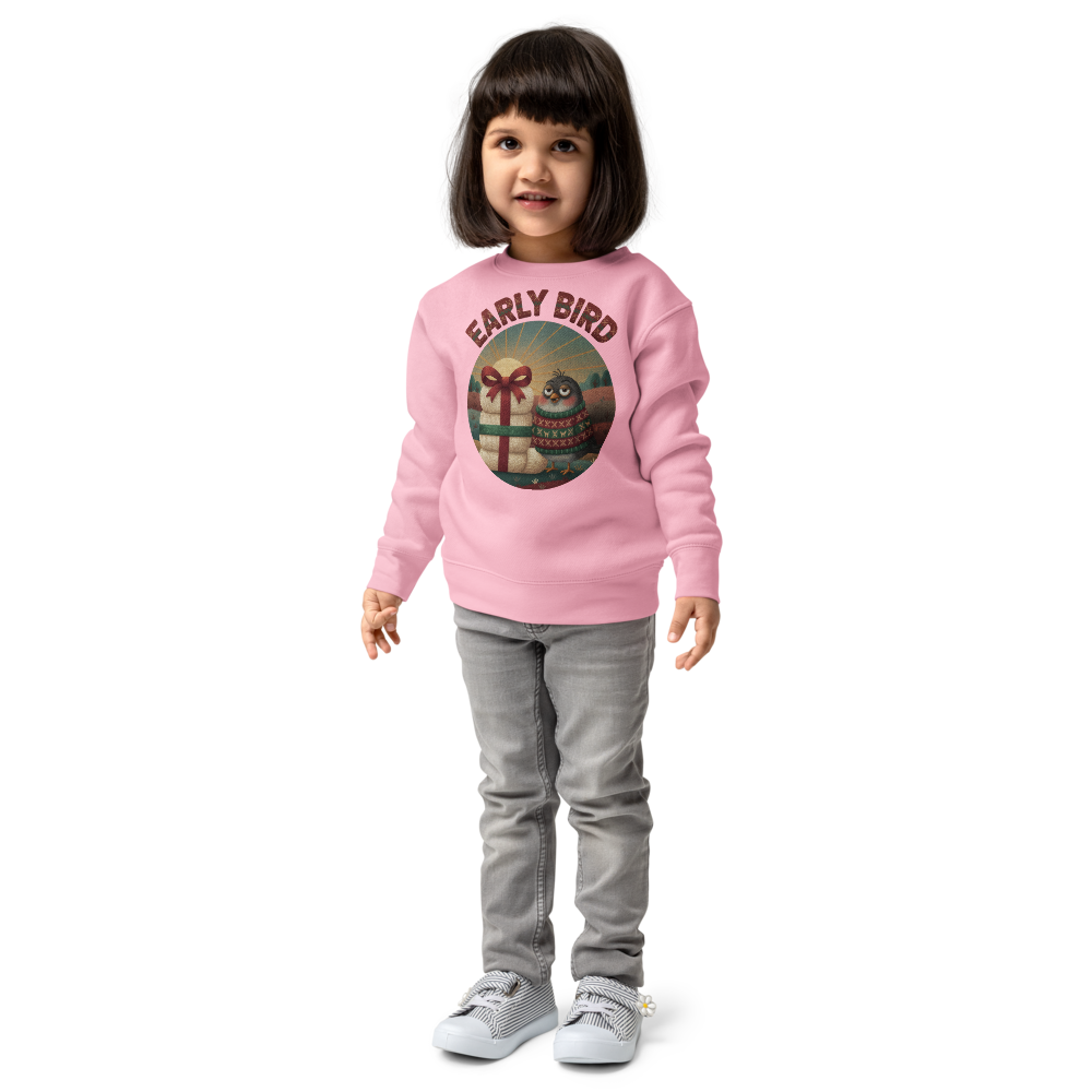 Early Bird Toddler Ugly Christmas Sweater | Kids Crewneck Sweatshirt, Ages 2 to 7 Pink on-model girl