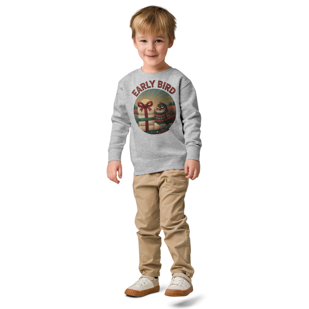 Early Bird Toddler Ugly Christmas Sweater | Kids Crewneck Sweatshirt, Ages 2 to 7 Heather on-model boy