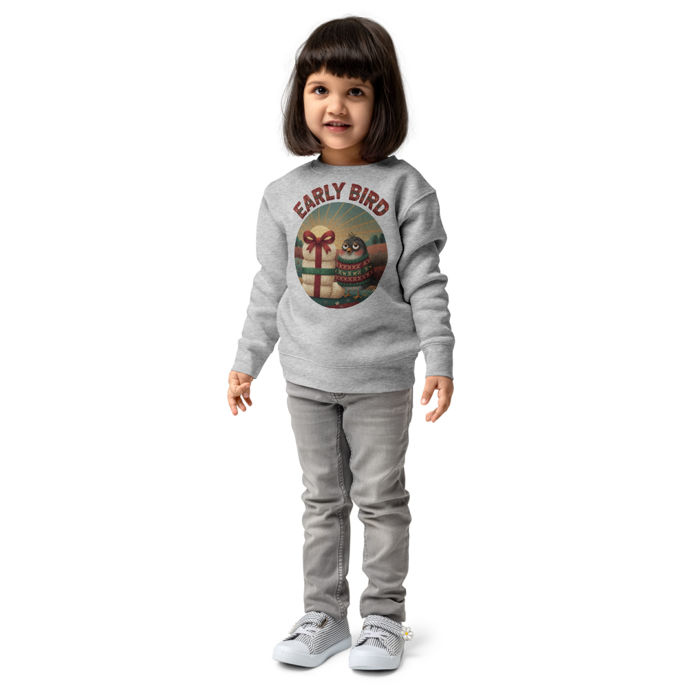 Early Bird Toddler Ugly Christmas Sweater | Kids Crewneck Sweatshirt, Ages 2 to 7 Heather on-model girl