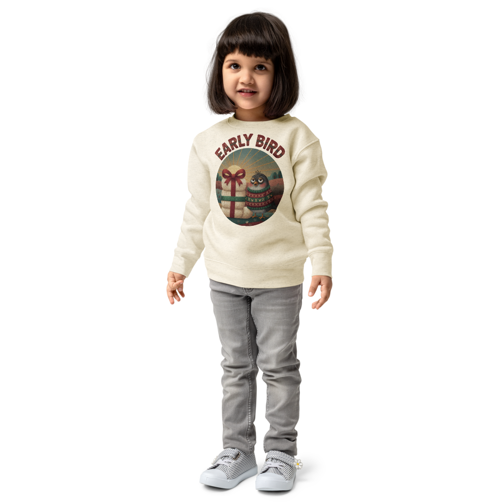Early Bird Toddler Ugly Christmas Sweater | Kids Crewneck Sweatshirt, Ages 2 to 7 Natural Heather on-model girl