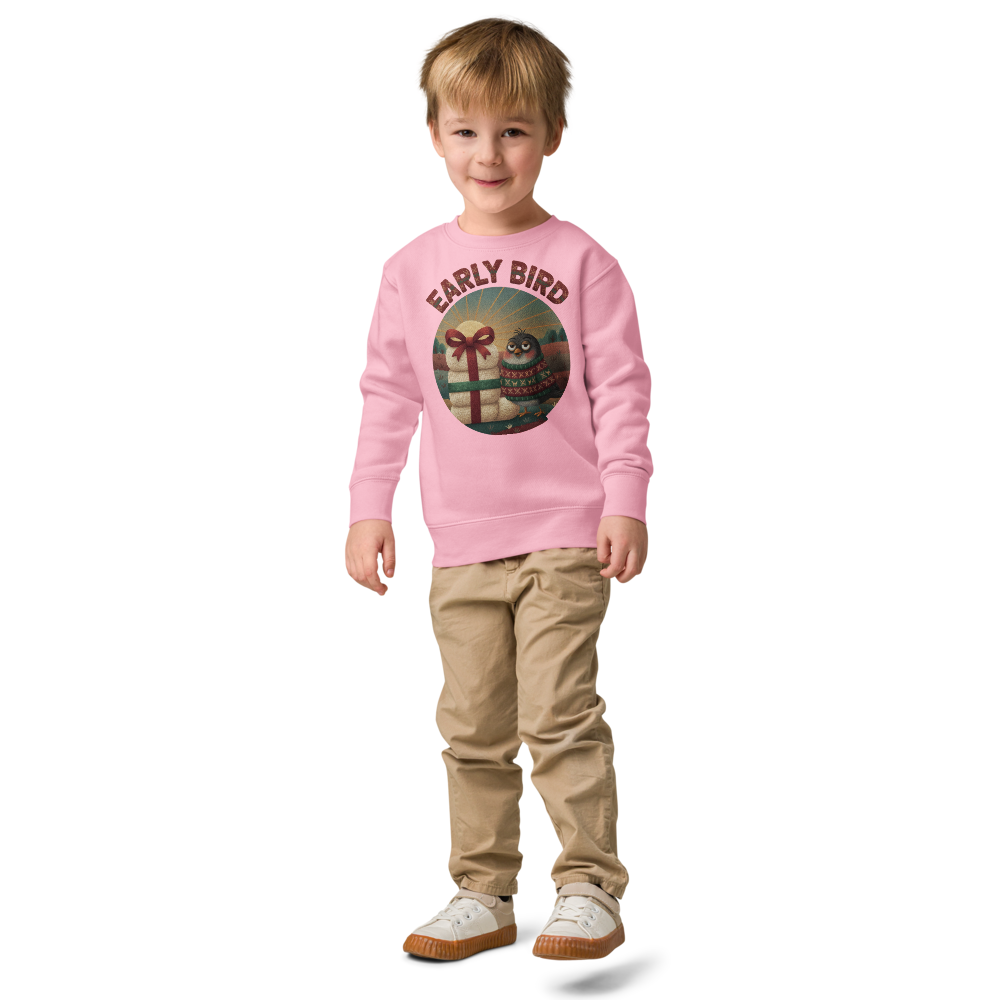 Early Bird Toddler Ugly Christmas Sweater | Kids Crewneck Sweatshirt, Ages 2 to 7 Pink on-model boy