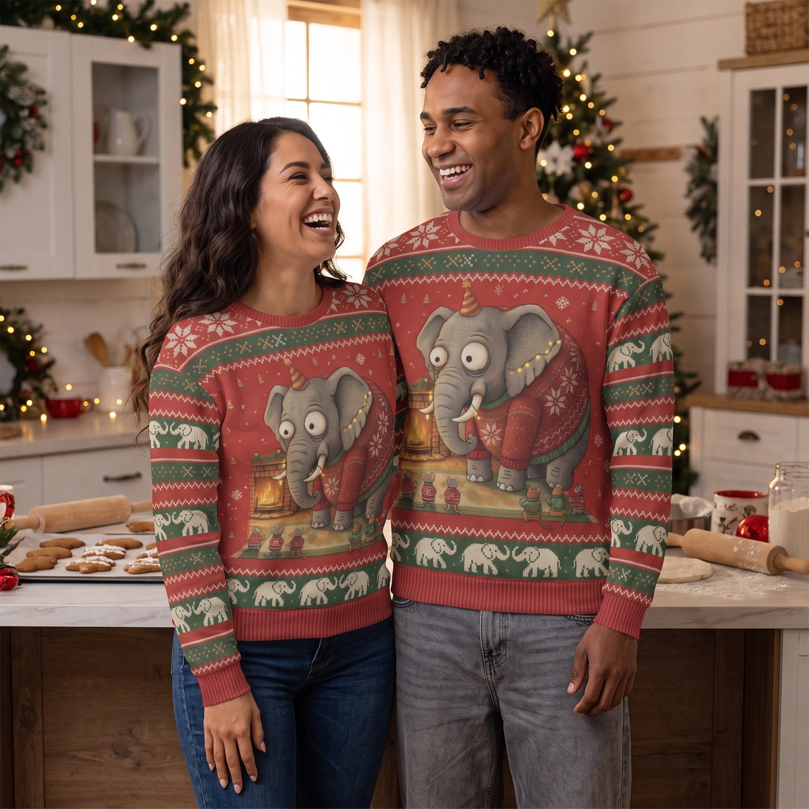 Styling photo, Elephant in the Room Matching Ugly Christmas Sweaters for Couples