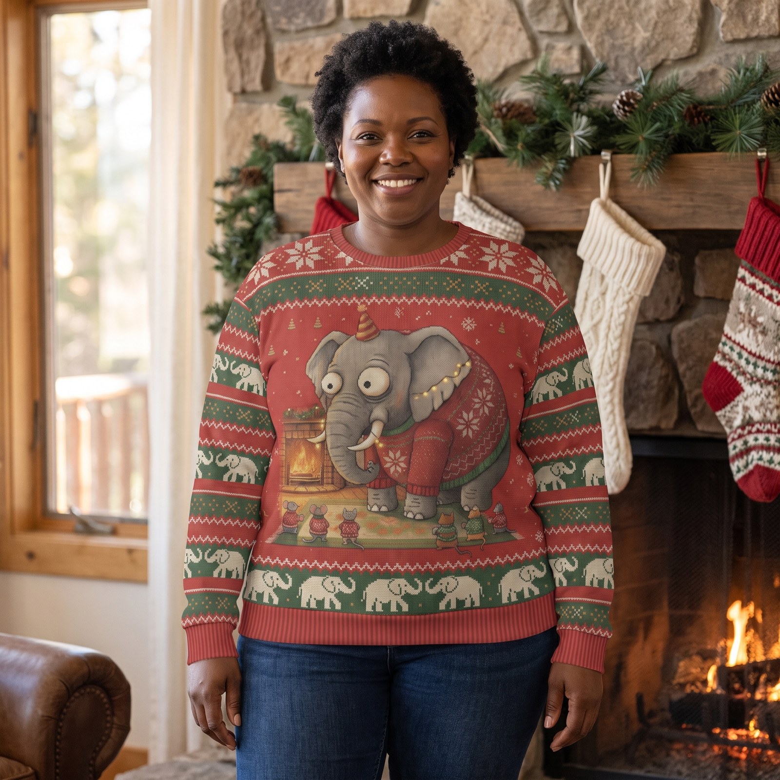 Plus size styling photo, Elephant in the Room Ugly Christmas Sweater