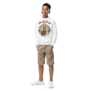 Fa La La La Llama Kids Ugly Christmas Sweater | Youth Crewneck Sweatshirt White on-model boy
