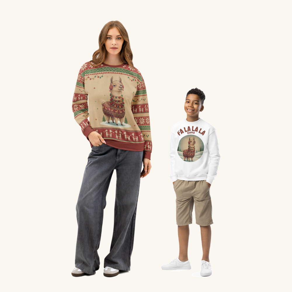 Fa La La La Llama matching parent and child Christmas set, adult and child versions side by side