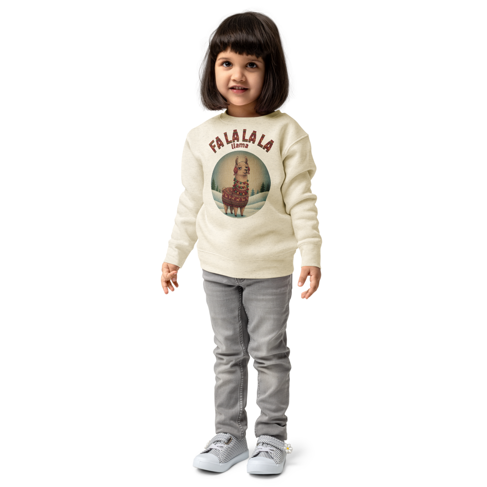 Fa La La La Llama Toddler Ugly Christmas Sweater | Kids Crewneck Sweatshirt, Ages 2 to 7 Natural Heather on-model girl