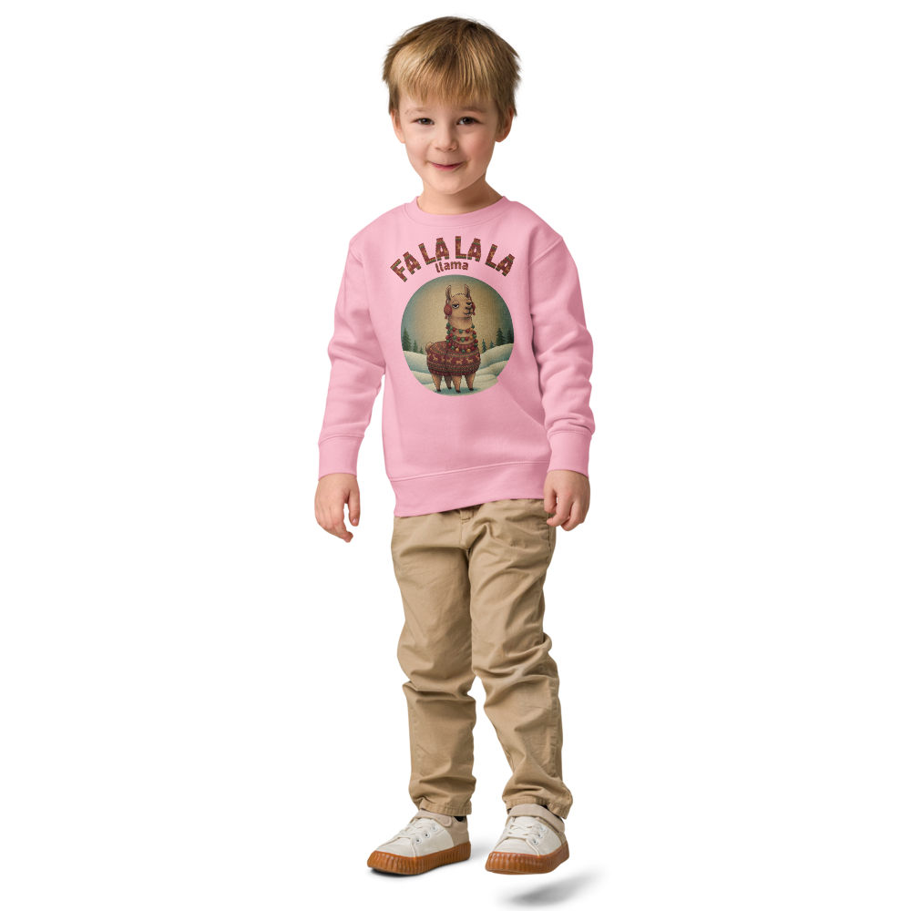 Fa La La La Llama Toddler Ugly Christmas Sweater | Kids Crewneck Sweatshirt, Ages 2 to 7 Pink on-model boy