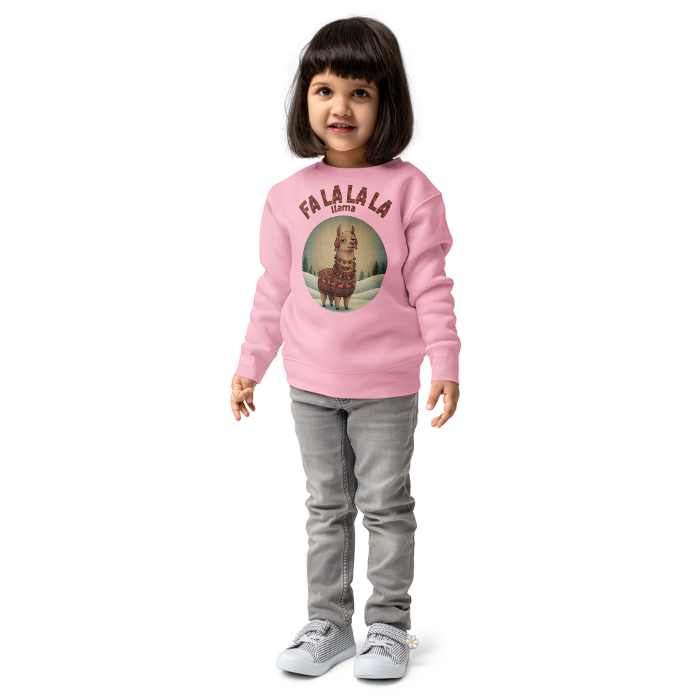 Fa La La La Llama Toddler Ugly Christmas Sweater | Kids Crewneck Sweatshirt, Ages 2 to 7 Pink on-model girl