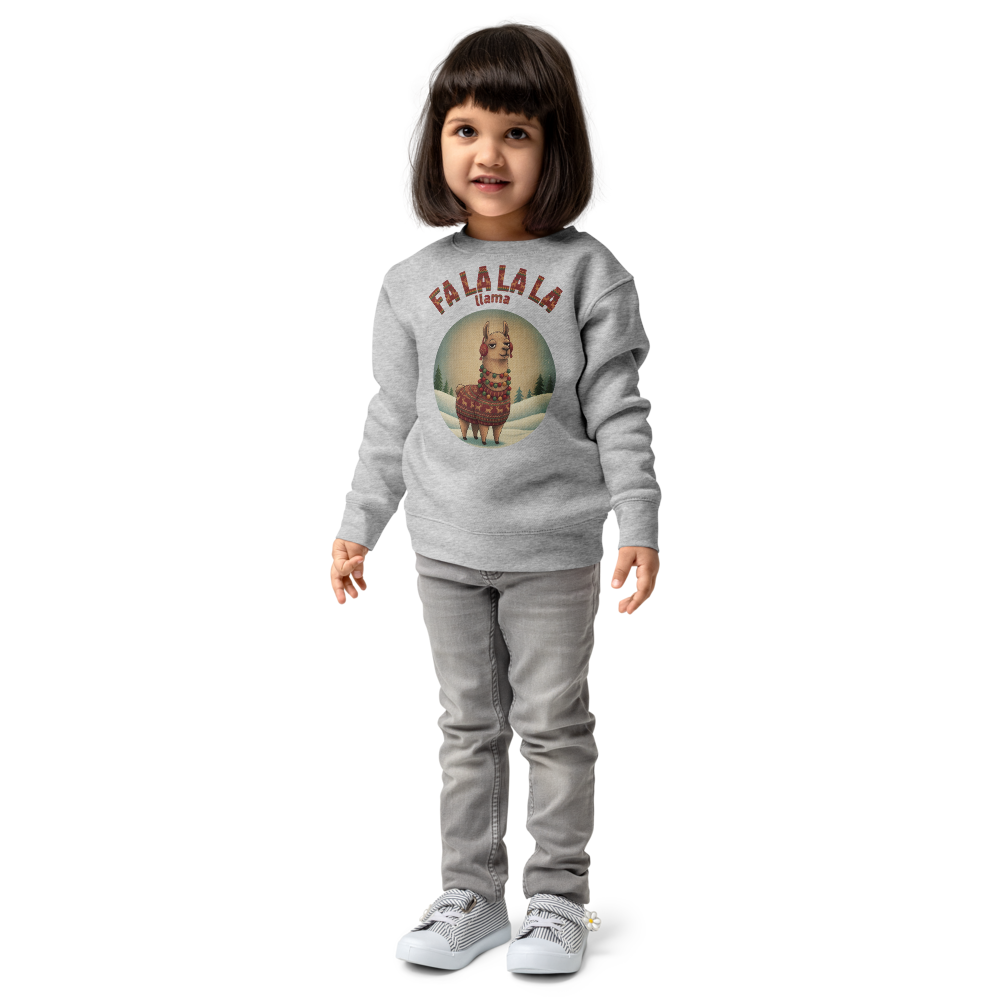 Fa La La La Llama Toddler Ugly Christmas Sweater | Kids Crewneck Sweatshirt, Ages 2 to 7 Heather on-model girl
