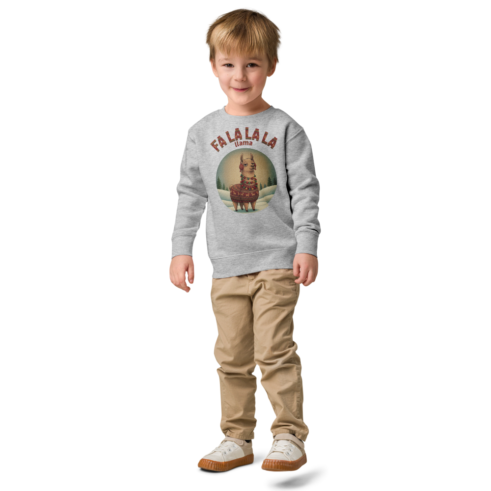 Fa La La La Llama Toddler Ugly Christmas Sweater | Kids Crewneck Sweatshirt, Ages 2 to 7 Heather on-model boy