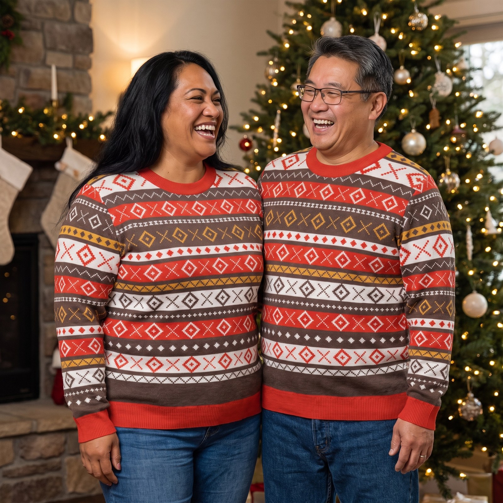 Plus size styling photo, Fair Isle Allover Matching Knitted Christmas Sweaters for Couples