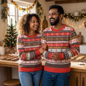 Styling photo, Fair Isle Allover Matching Knitted Christmas Sweaters for Couples