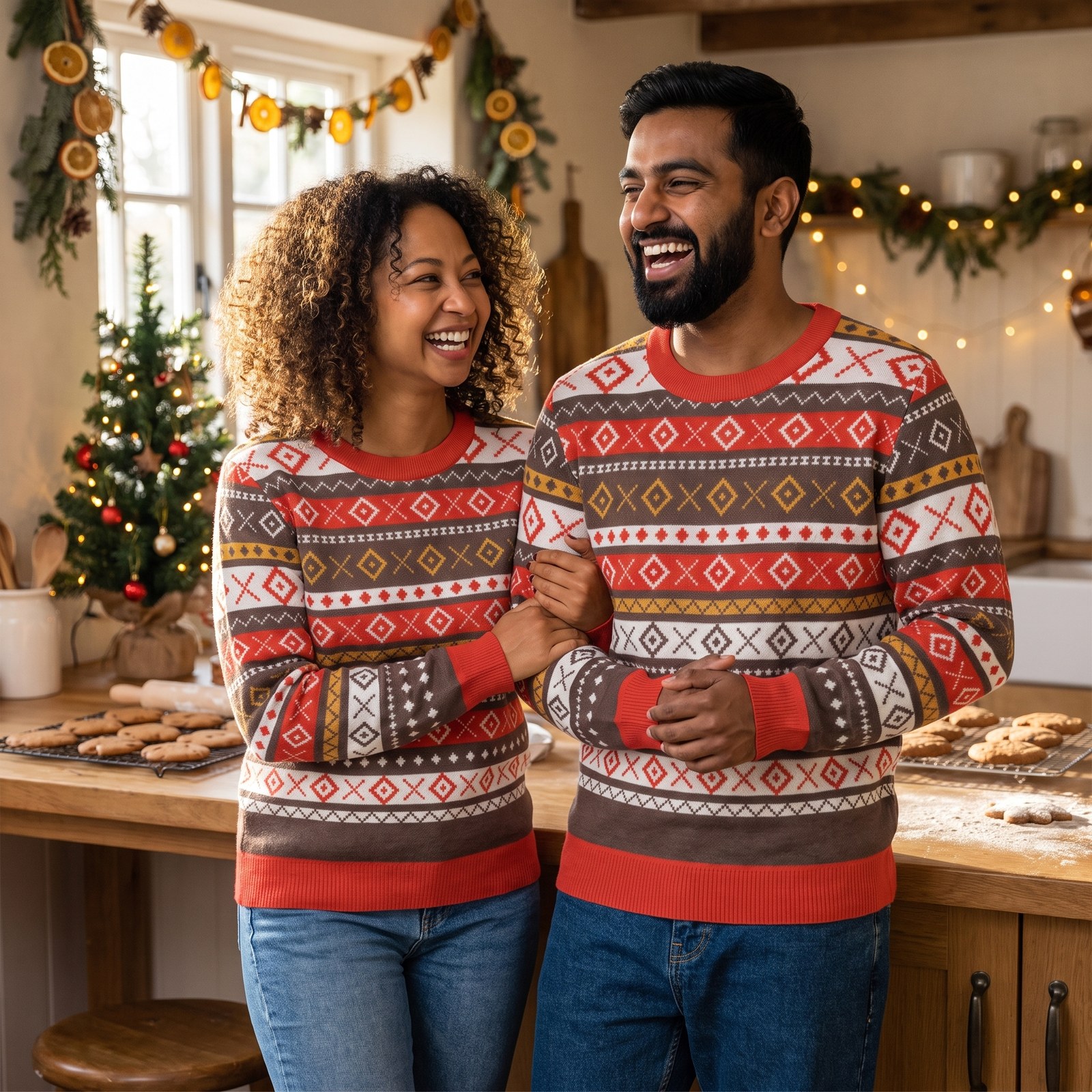 Styling photo, Fair Isle Allover Matching Knitted Christmas Sweaters for Couples