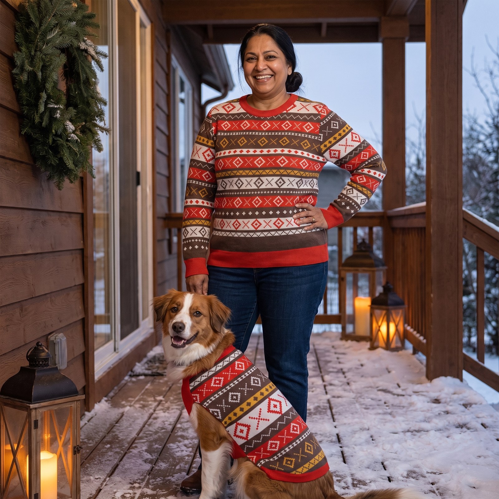Plus size styling photo, Fair Isle Allover Matching Christmas Sweaters for Dog and Owner