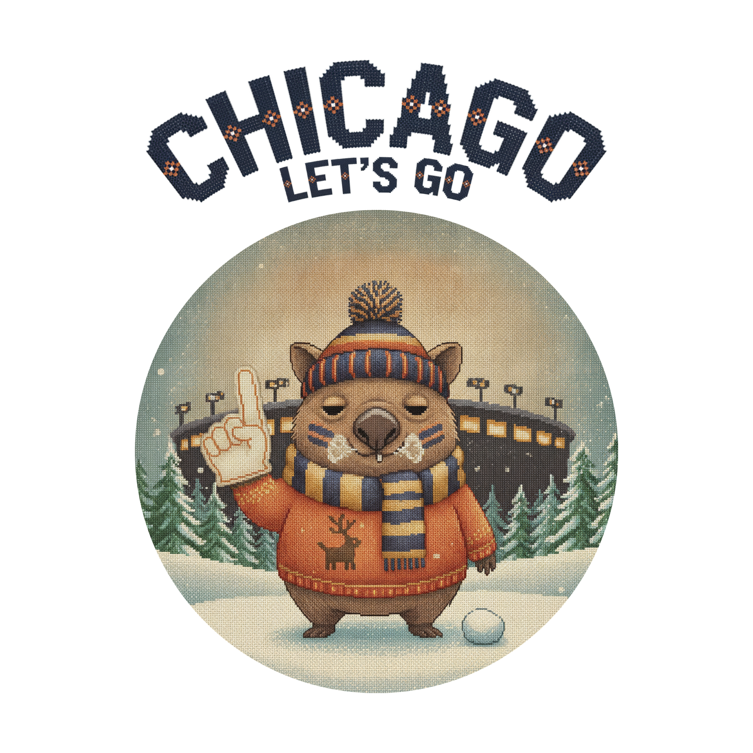 Chicago Fan badge, CITY and LET'S GO knitted wordmark