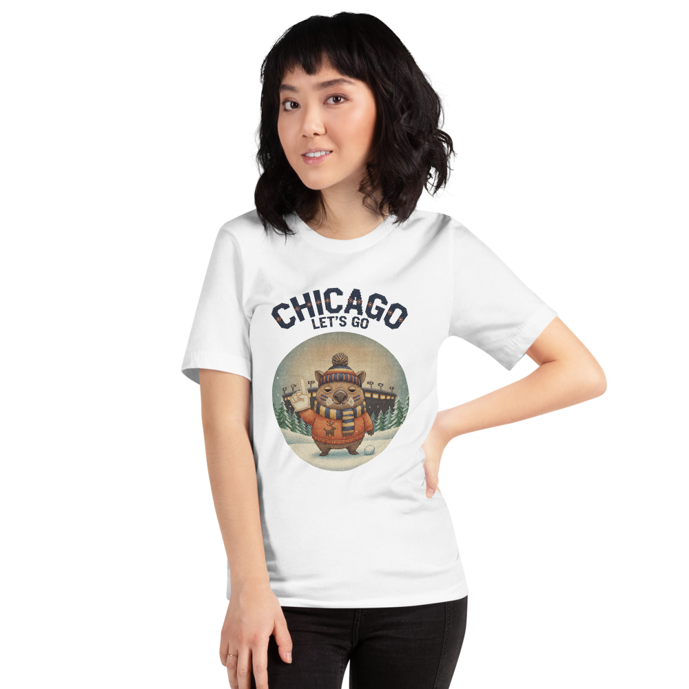 Chicago Fan tee on a model, pure white