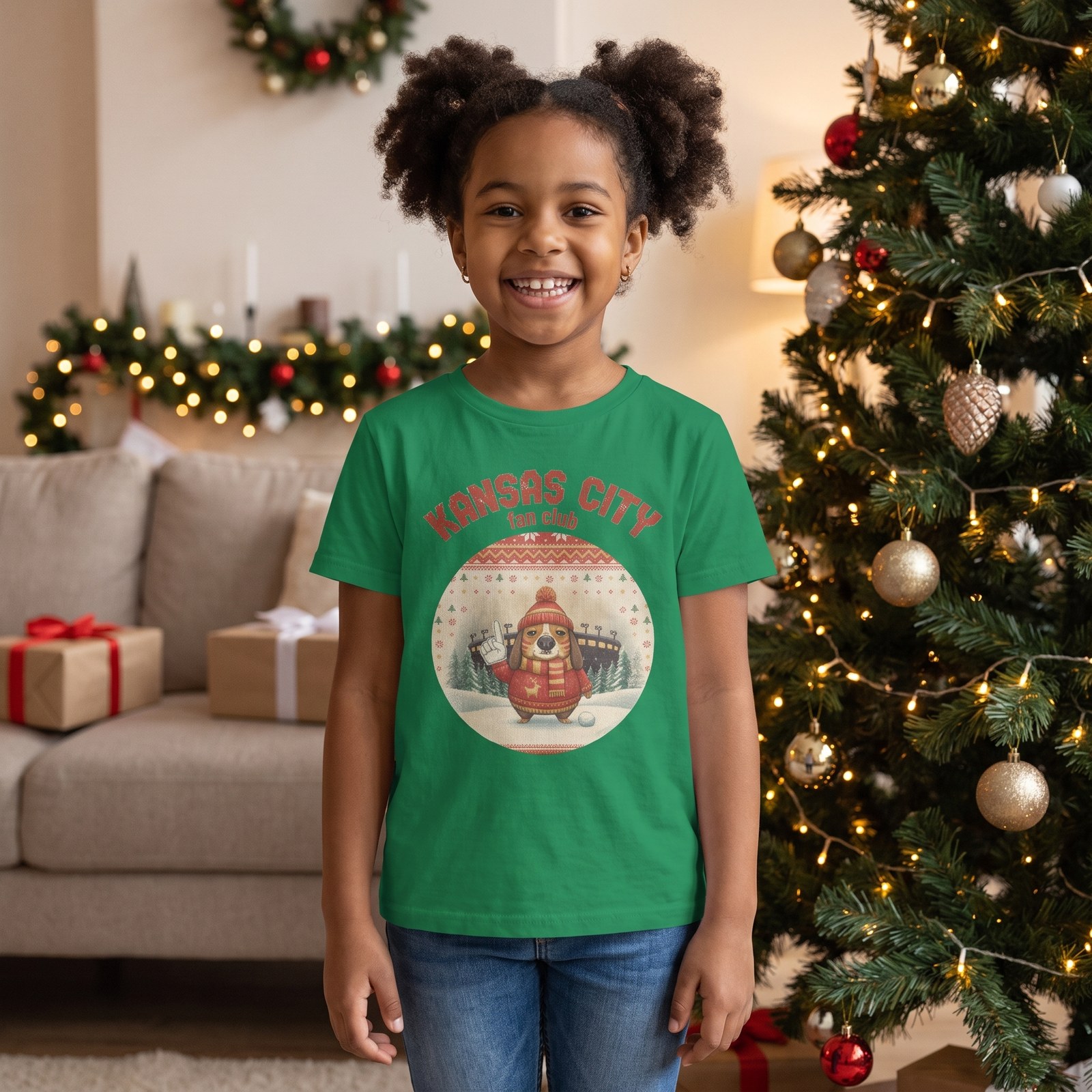 Styling photo, Kansas City Fan Kids Ugly Christmas Shirt