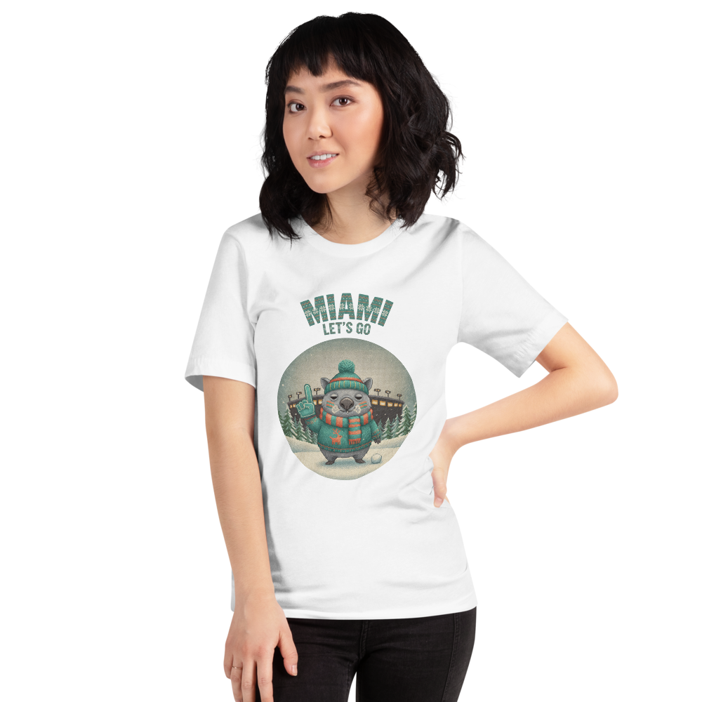 Miami Fan tee on a model, pure white
