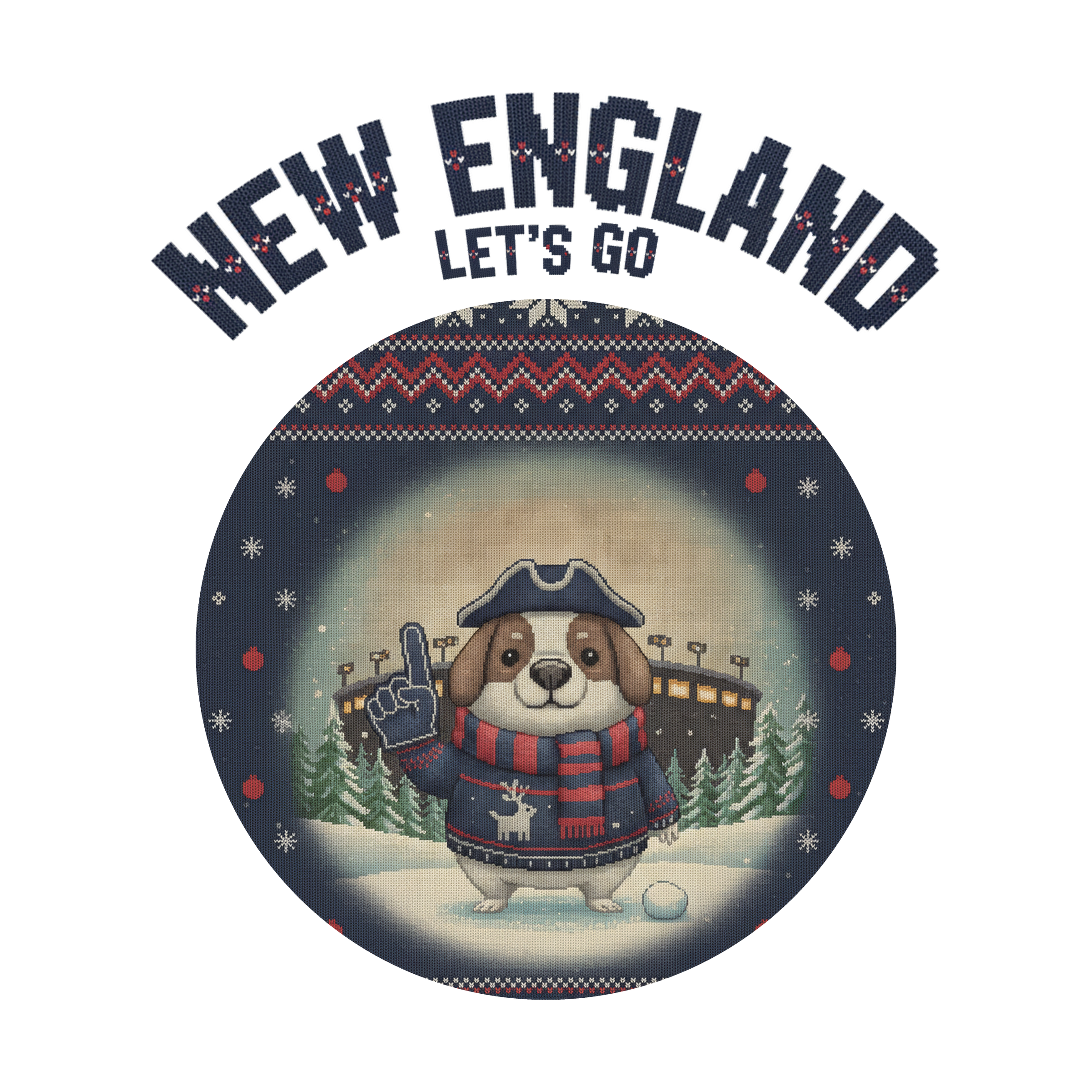 New England Fan badge, CITY and LET'S GO knitted wordmark