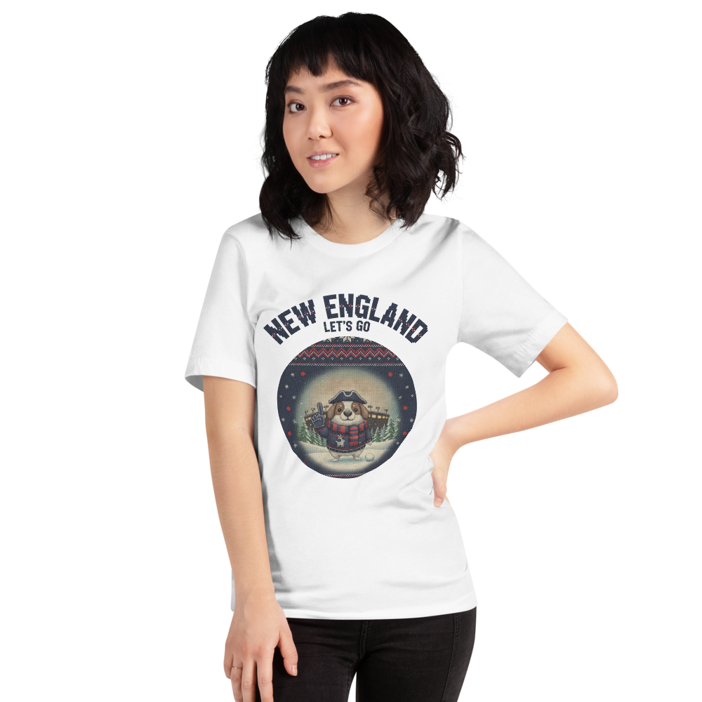 New England Fan tee on a model, pure white