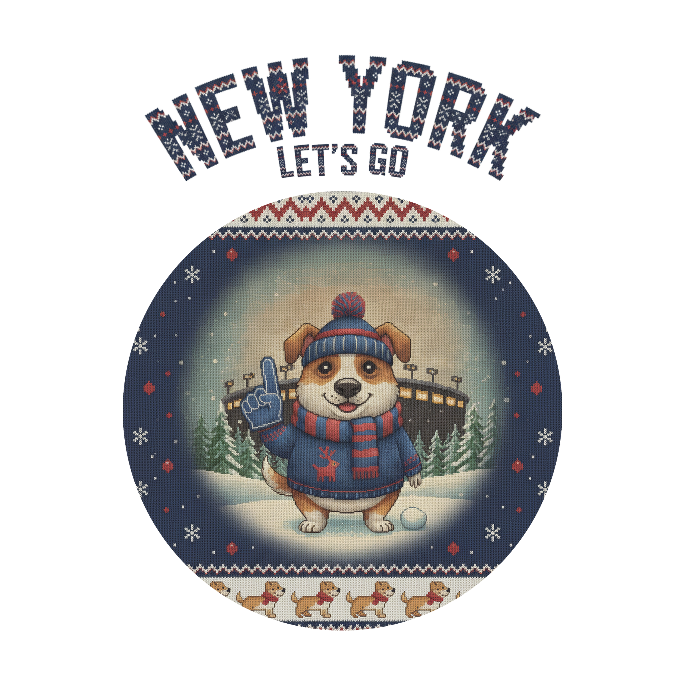 New York Blue Fan badge, CITY and LET'S GO knitted wordmark