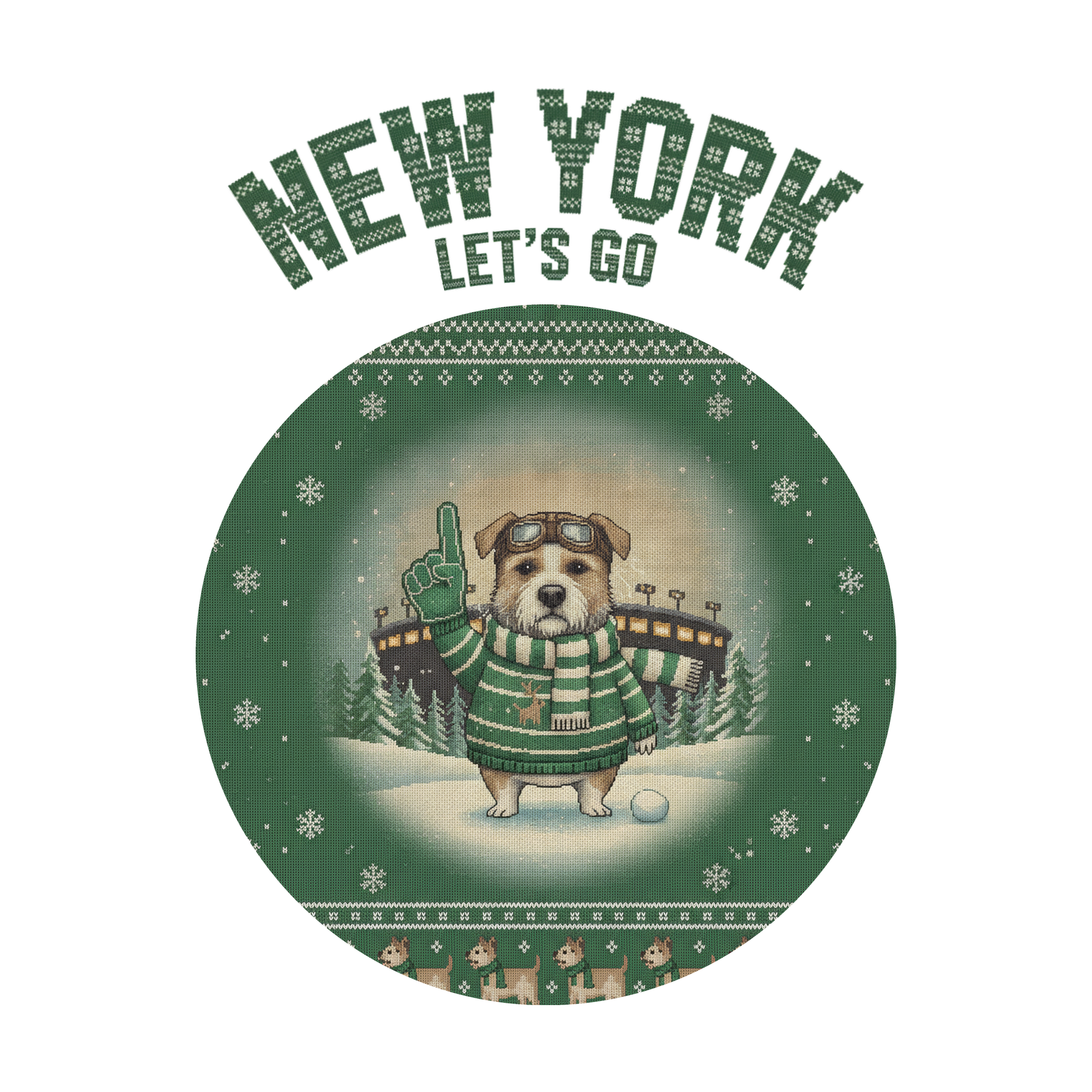 New York Green Fan badge, CITY and LET'S GO knitted wordmark