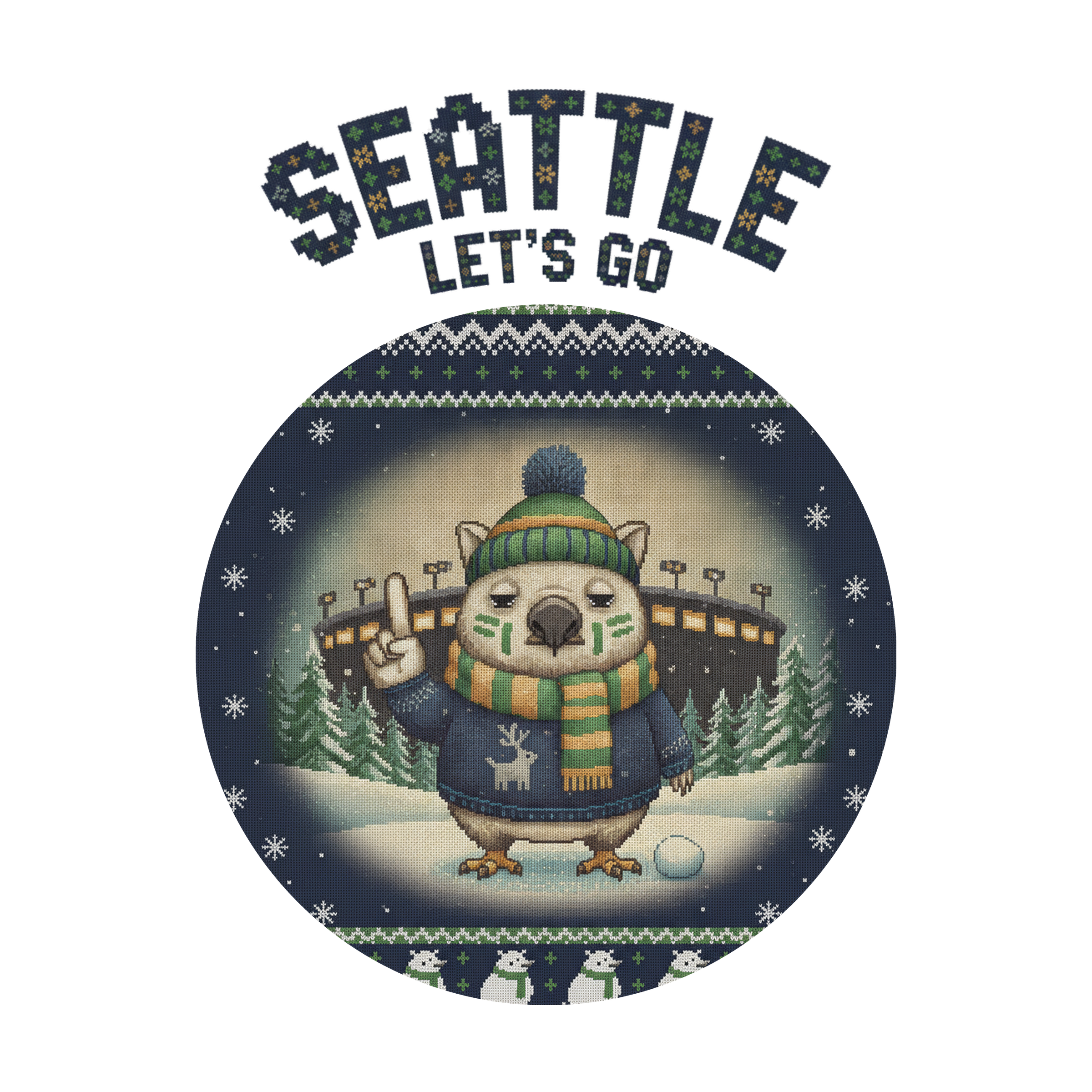 Seattle Fan badge, CITY and LET'S GO knitted wordmark