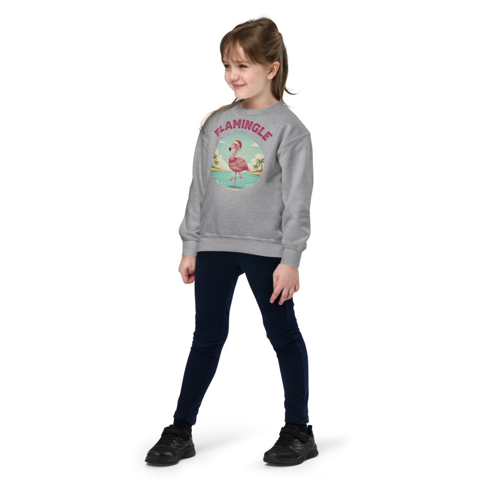 Flamingle Bells Kids Ugly Christmas Sweater | Youth Crewneck Sweatshirt Sport Grey on-model girl