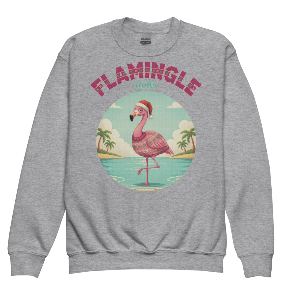 Flamingle Bells Kids Ugly Christmas Sweater | Youth Crewneck Sweatshirt Sport Grey flat
