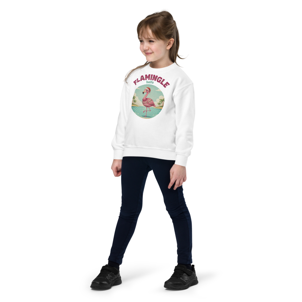 Flamingle Bells Kids Ugly Christmas Sweater | Youth Crewneck Sweatshirt White on-model girl