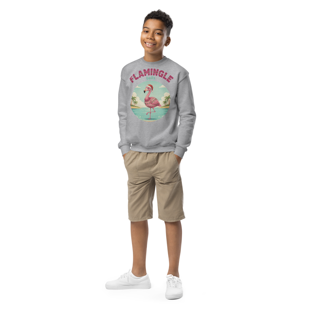 Flamingle Bells Kids Ugly Christmas Sweater | Youth Crewneck Sweatshirt Sport Grey on-model boy