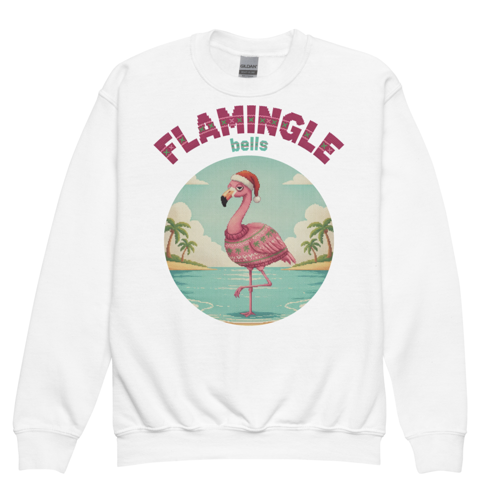 Flamingle Bells Kids Ugly Christmas Sweater | Youth Crewneck Sweatshirt White flat