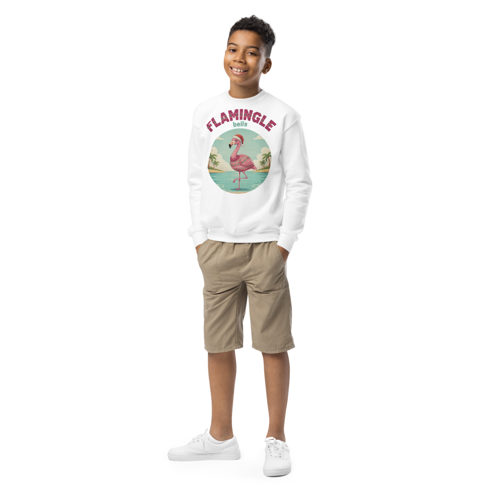 Flamingle Bells Kids Ugly Christmas Sweater | Youth Crewneck Sweatshirt White on-model boy