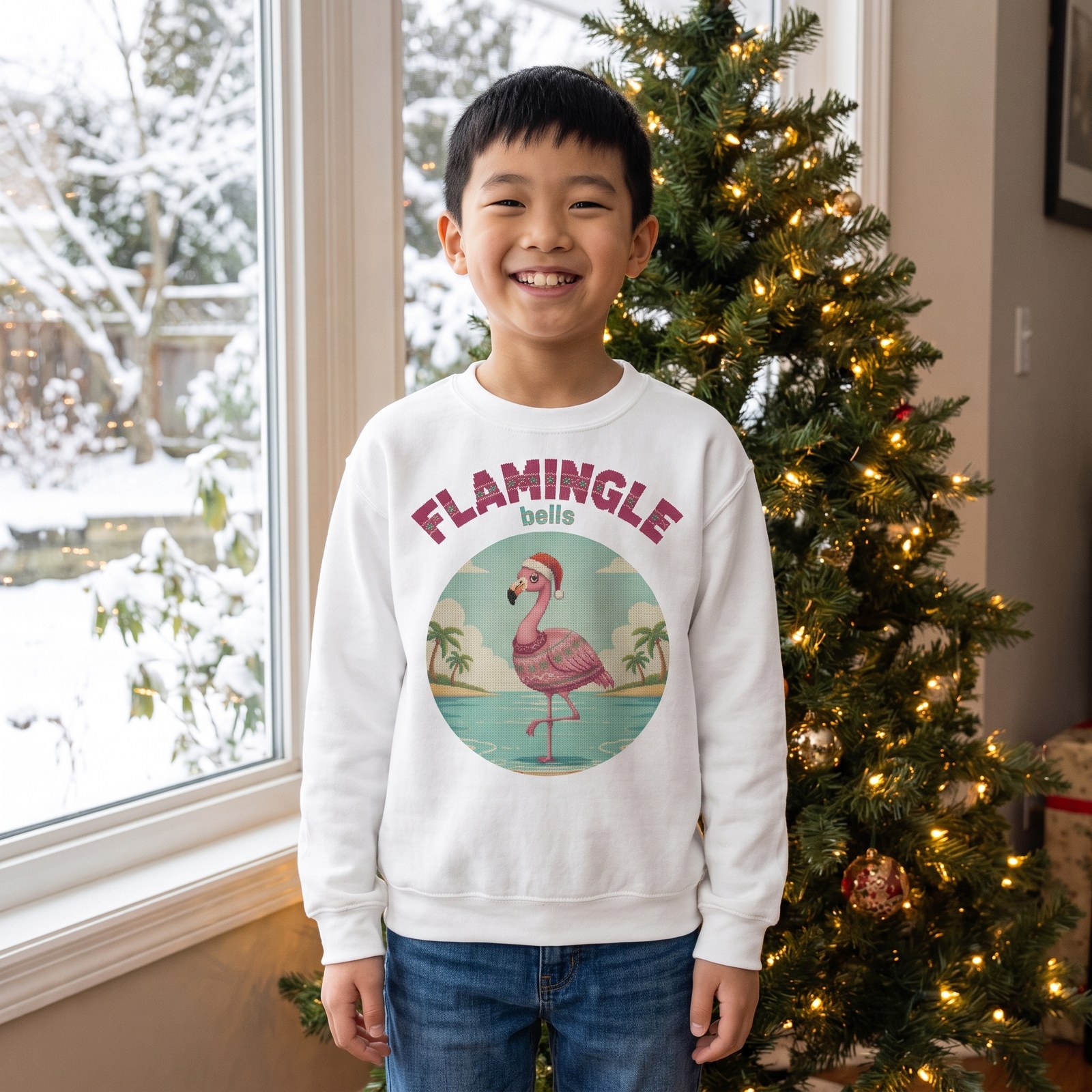 Styling photo, Flamingle Bells Kids Ugly Christmas Sweater