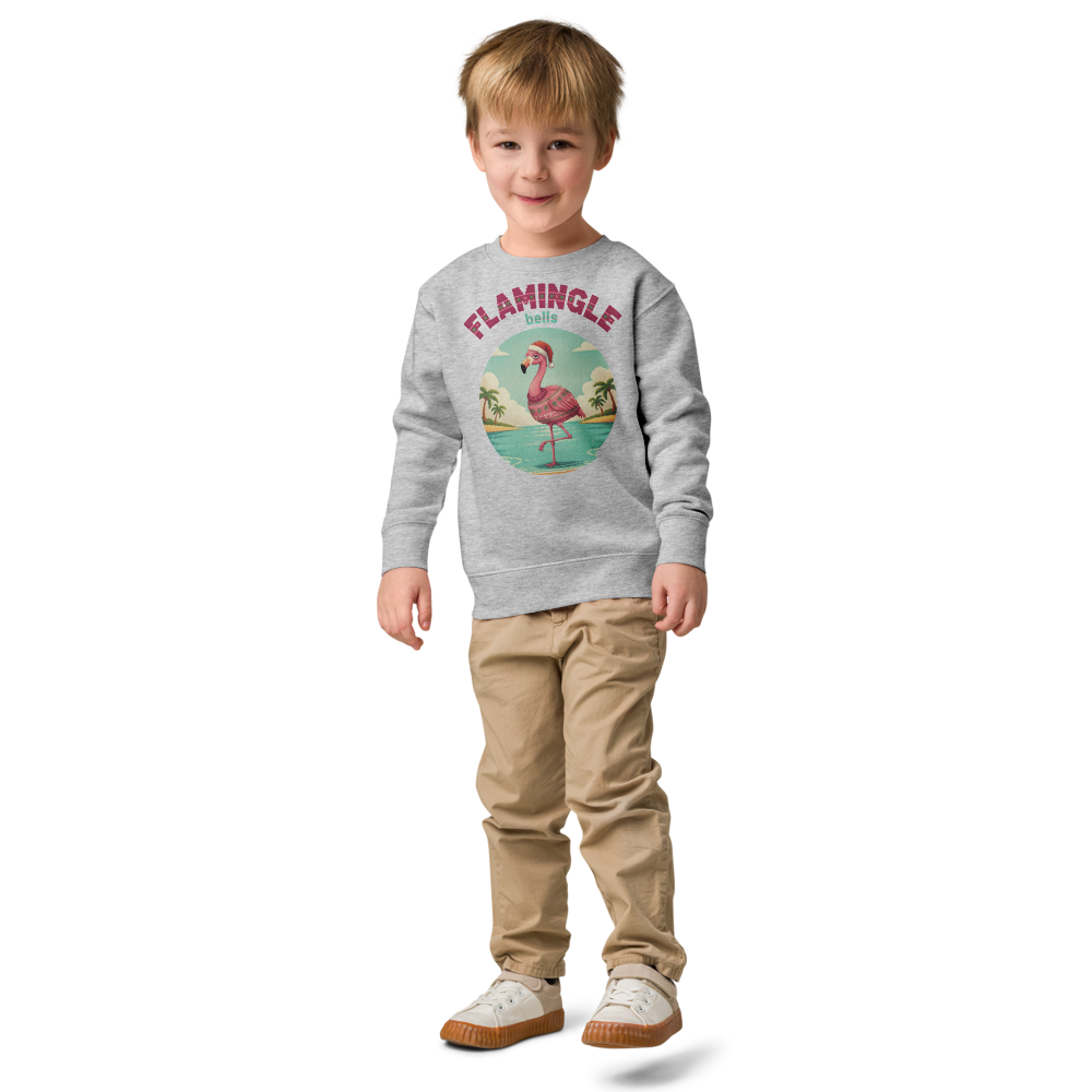 Flamingle Bells Toddler Ugly Christmas Sweater | Kids Crewneck Sweatshirt, Ages 2 to 7 Heather on-model boy