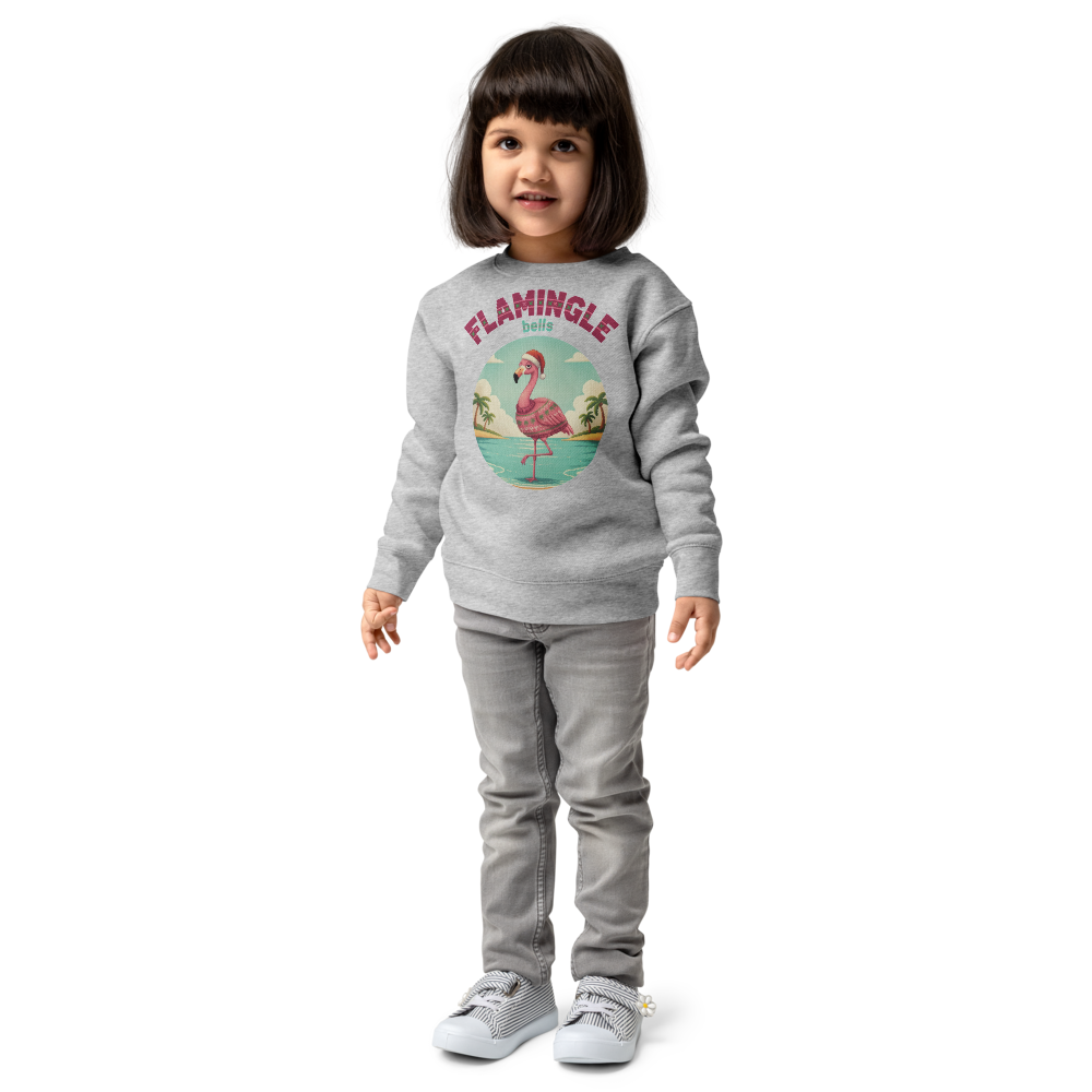 Flamingle Bells Toddler Ugly Christmas Sweater | Kids Crewneck Sweatshirt, Ages 2 to 7 Heather on-model girl